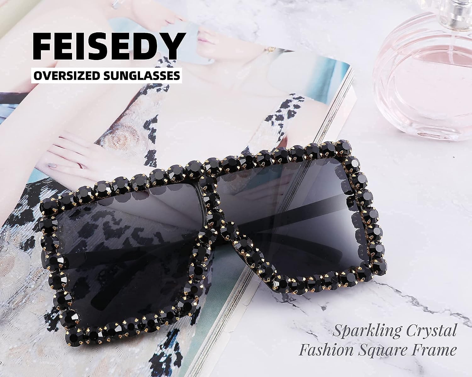 商品图片 5 | B096YZPRF2 | FEISEDY Oversized Sparkling Crystal Sunglasses Disco Diamond Flat Top Fashion Square Large Shades B2782