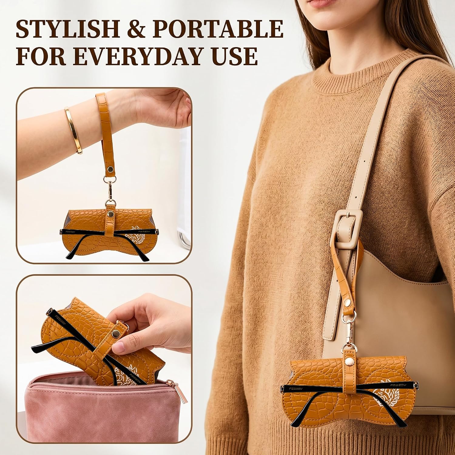 商品图片 20 | B0H4QTYMQP | FEISEDY Soft Crocodile Textured Leather Sunglass Bag, Portable Glasses Pouch With Button Clip Wrist Strap B0366