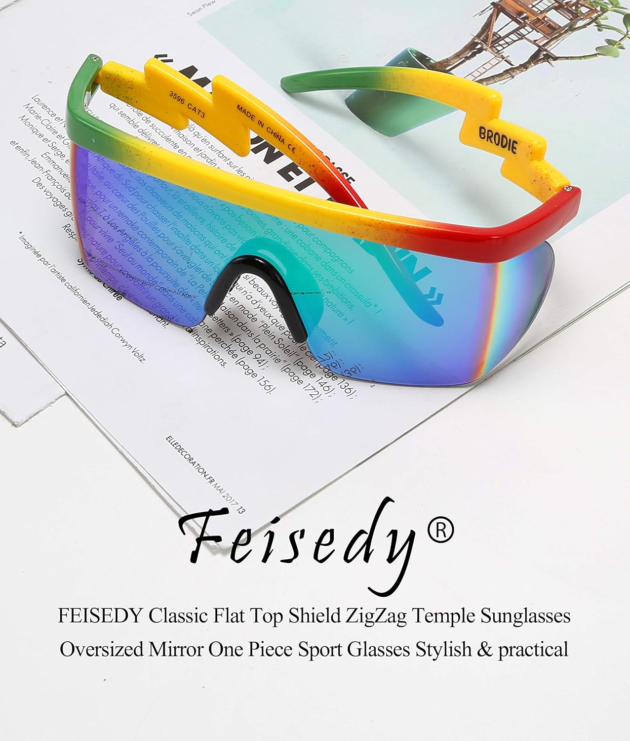 商品图片 78 | B096SD9GGG | FEISEDY Oversized Mirror Shield Sport 80s Sunglasses Ski Goggles Flat Top One Piece Futuristic Visor Women Men B2522