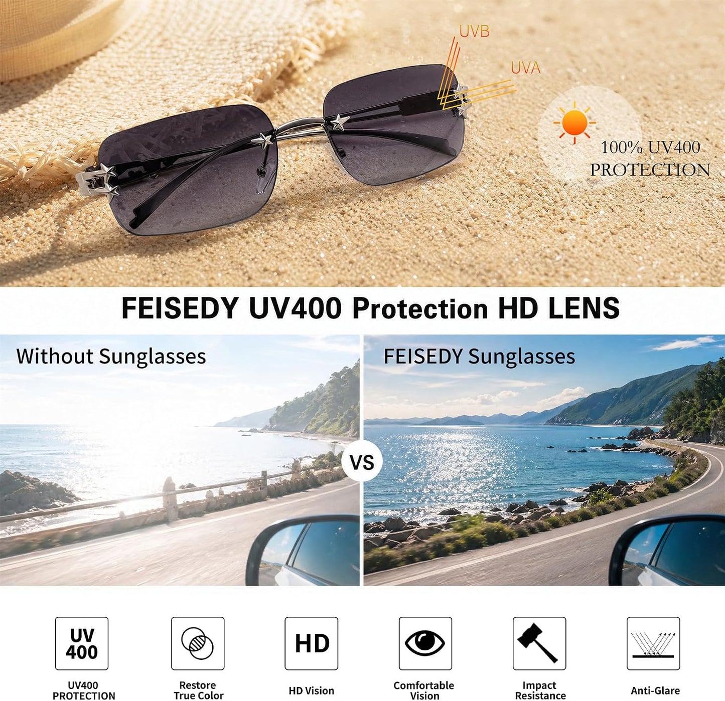 商品图片 16 | B0GX6FSM23 | FEISEDY Retro Rimless Rectangle Y2K Tinted Sunglasses for Women Men B0423