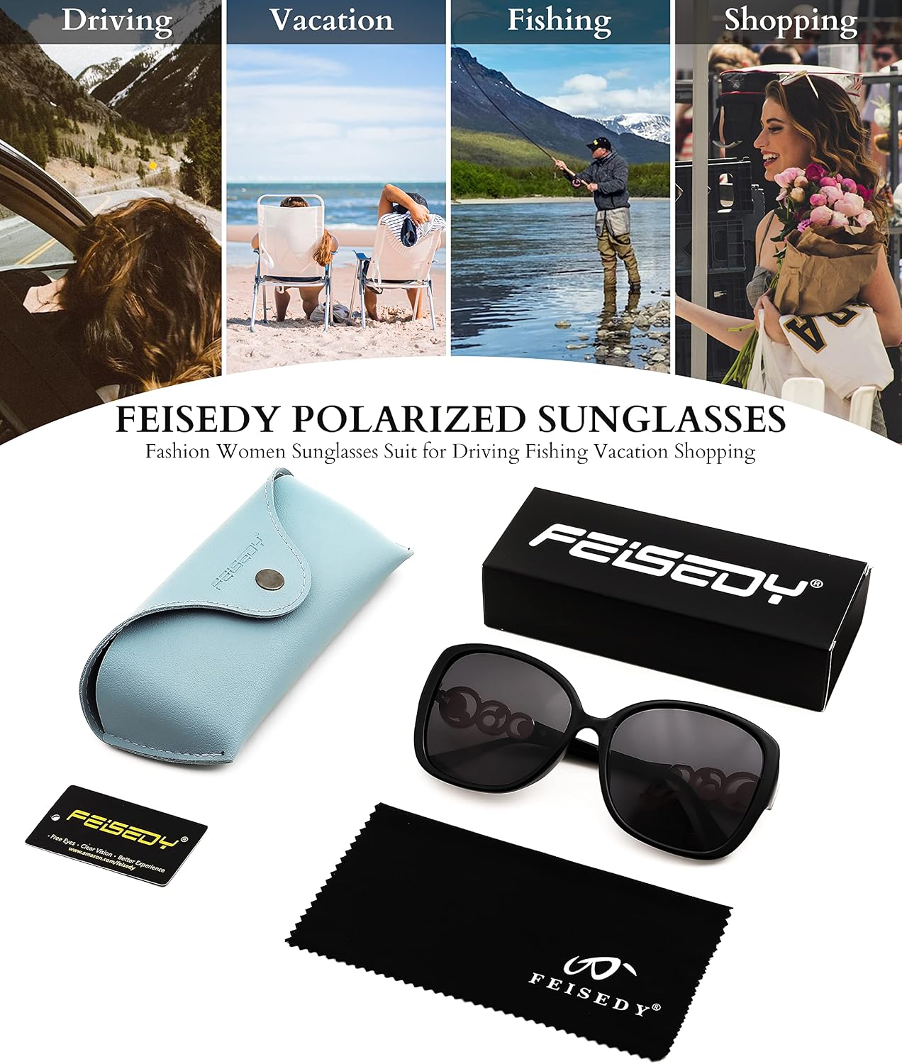 商品图片 7 | B0BJ71VZCB | FEISEDY Women's Fashion Sunglasses, Oversized Square Frame with Pearl Sparkling, Polarized UV Protection B2821