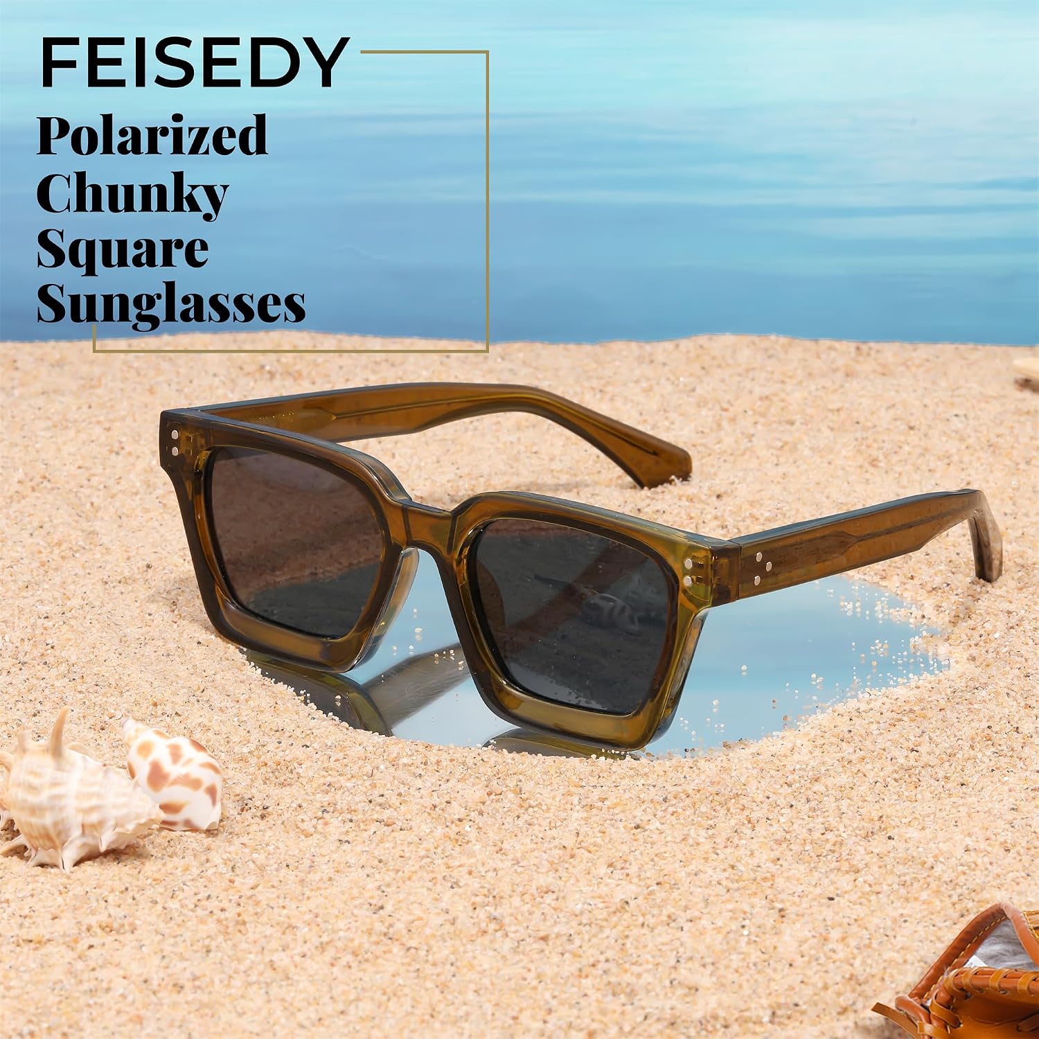 商品图片 14 | B0C9J9VMJL | FEISEDY Sunglasses Men Women Polarized, Chunky Square Thick Frame, Rectangle UV400 Shade Sun Glasses B2396