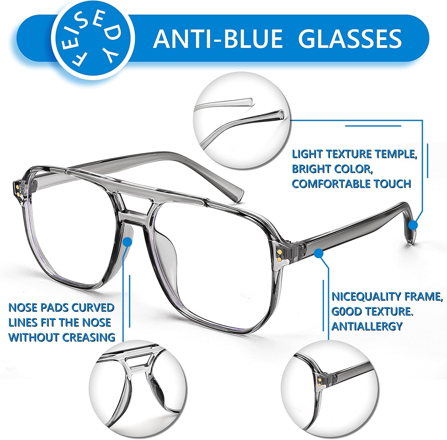 商品图片 81 | B0C6ZZXZ3F | FEISEDY Blue Light Glasses for Women Men Oversized Pilot Lightweight B2866
