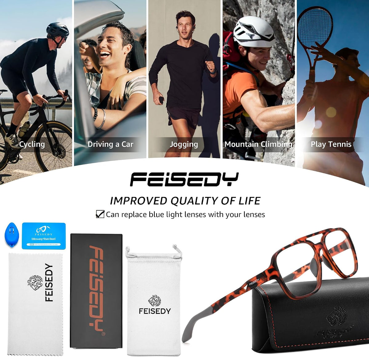 ÉÌƷͼƬ 32 | B0DR831C71 | FEISEDY Sports Blue Light Glasses for Men Lightweight Anti Slip Running Cycling Square Glasses Computer Eyeglasses B0156