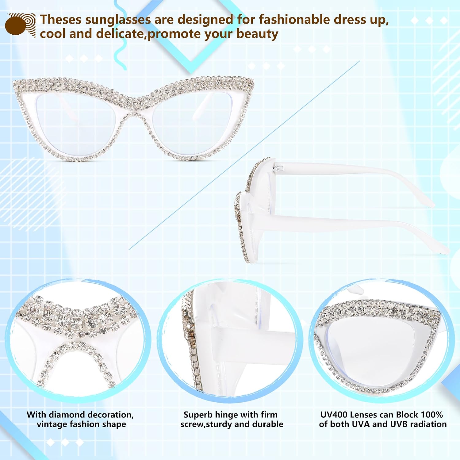 商品图片 40 | B0BLH5NHK8 | FEISEDY Diamond Blue Light Blocking Glasses Cat Eye Rhinestone Women Oversized Anti Eyestrain Computer Glasses Frame B2358