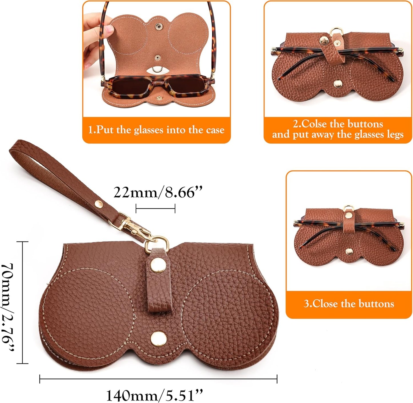 商品图片 3 | B0CFPPR4K1 | FEISEDY 2Pack Soft Leather Sunglass Bag, Portable Holder Eyeglasses Case | Lightweight Portable Design, With Button Clip Wrist Strap for Travel Daily Use B0049