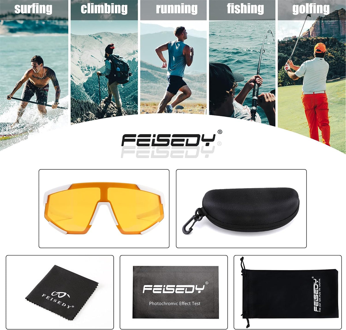 ÉÌƷͼƬ 14 | B0DFMBL68F | FEISEDY Photochromic Sports Sunglasses for Men Women Night Vision Cycling Driving Running Glasses B0233