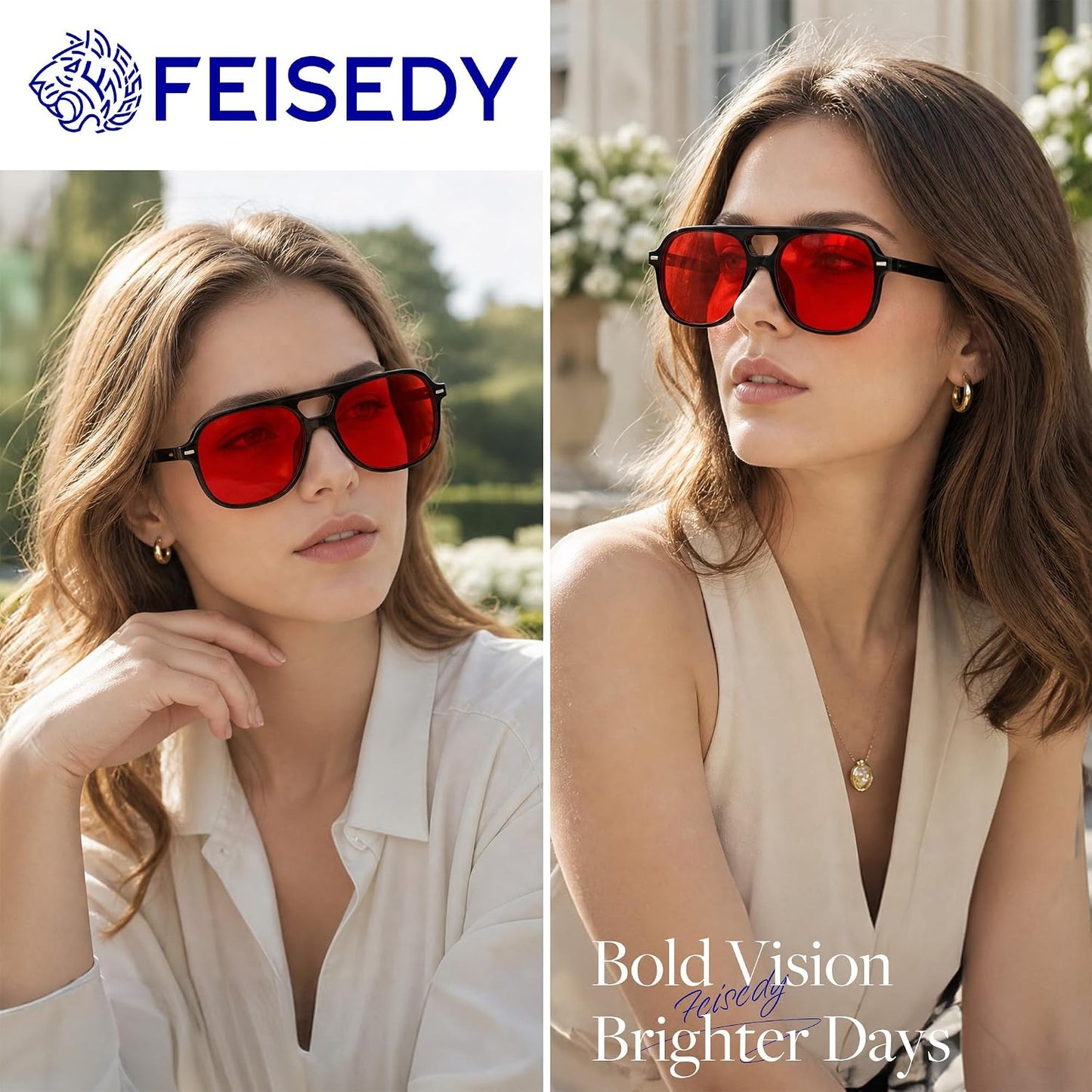 商品图片 9 | B0H1WCGC42 | FEISEDY Retro Square Aviator Sunglasses Women Men Double Bridge B0443