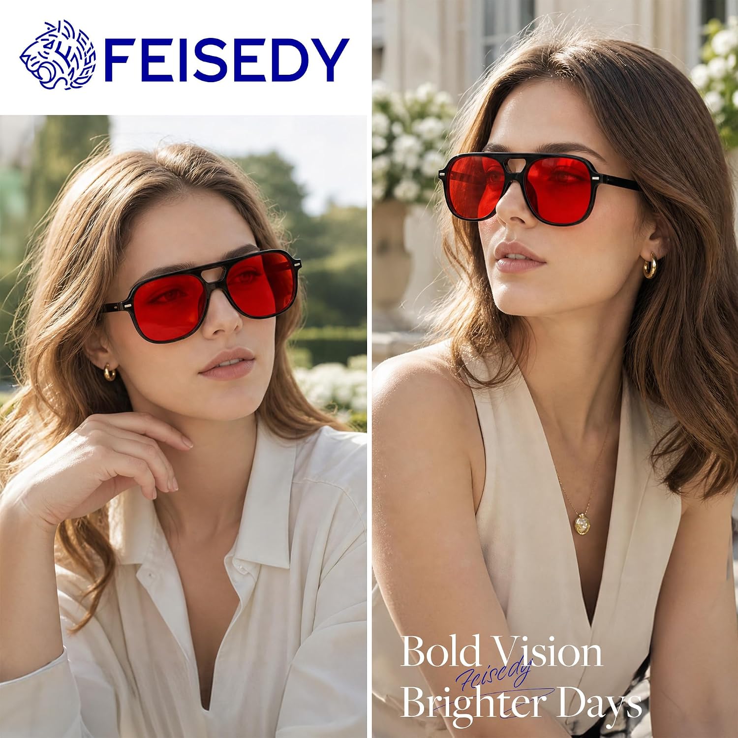 商品图片 9 | B0H1WCGC42 | FEISEDY Retro Square Aviator Sunglasses Women Men Double Bridge B0443
