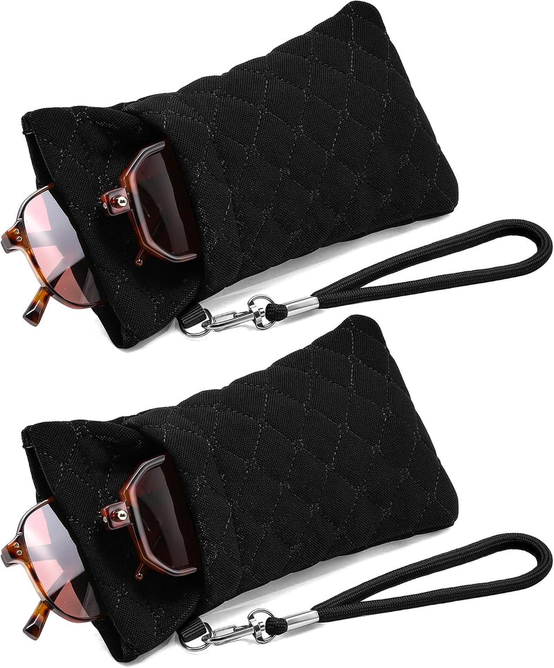 Linen-(black+black) | B0FZG4FZSV | FEISEDY 2Pack Double Glasses Case Soft Eyeglass Pouch Squeeze Top Sunglasses Bag with Wrist Strap B0363
