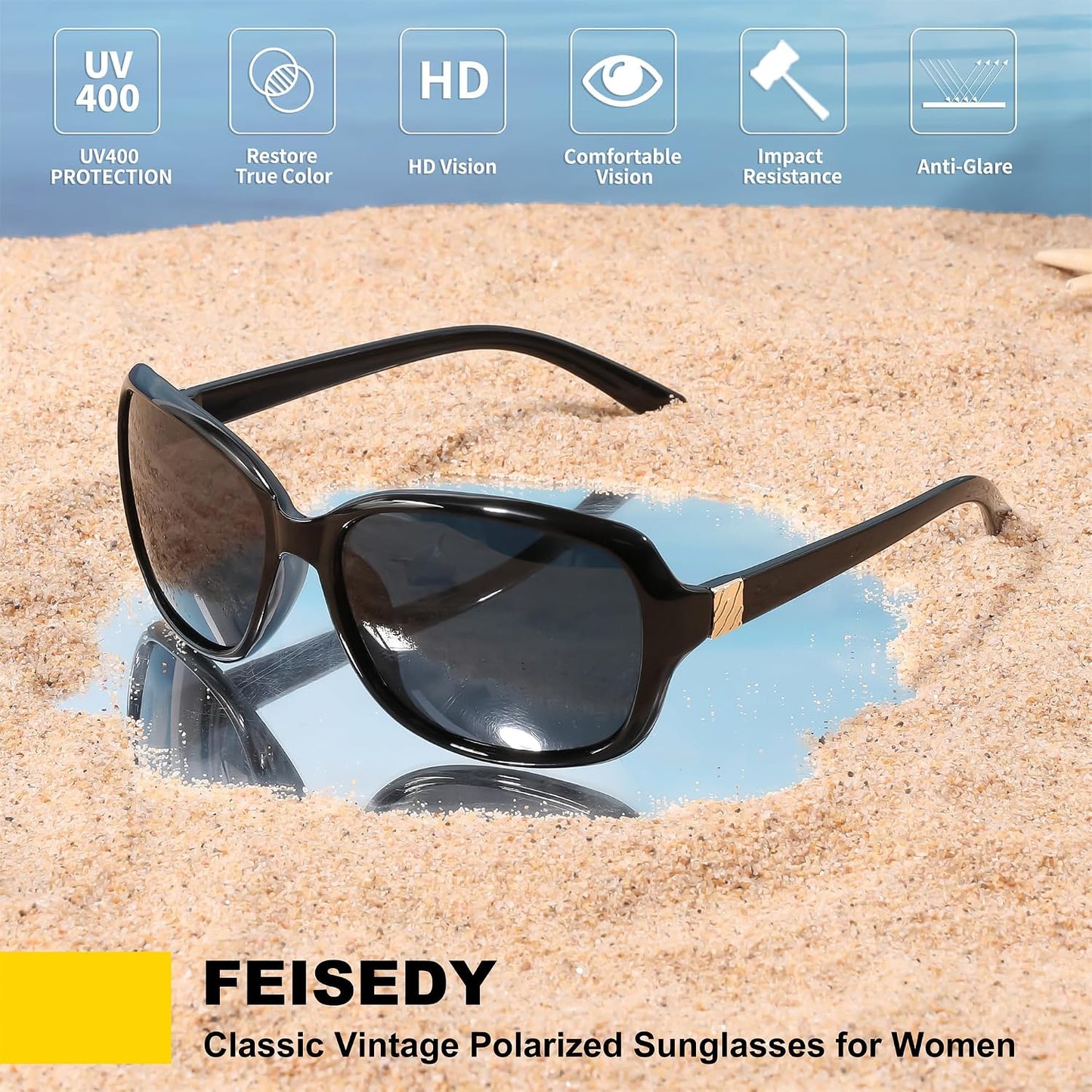 商品图片 7 | B0FZKDK786 | FEISEDY Polarized Sunglasses for Women Classic Vintage UV400 Shade | Trendy Square Wraparound Ladies Sun Glasses B0309