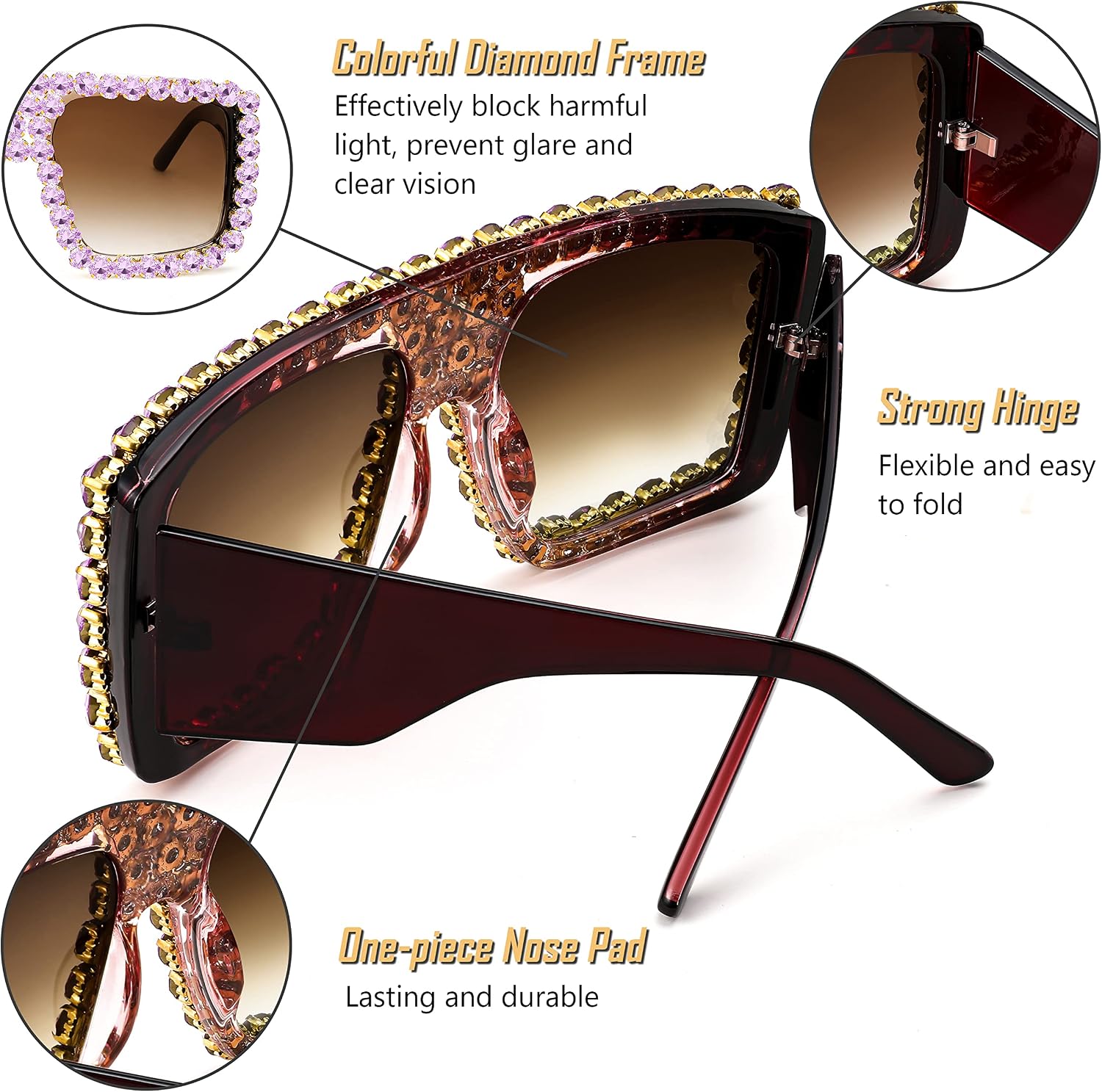商品图片 12 | B09YHJ846J | FEISEDY Square Diamond Sunglasses for Women Retro Fashion Shiny Rhinestone Sun Glasses B2916