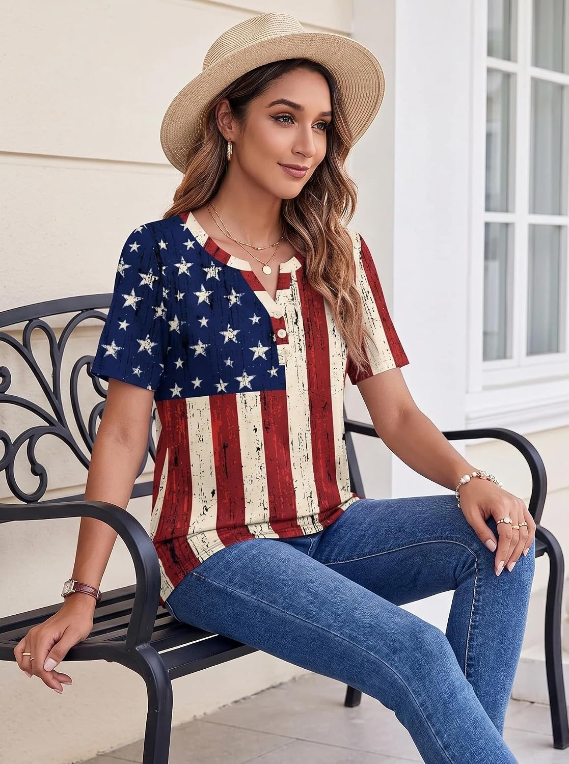 商品图片 5 | B0H4K1ZDH7 | Women's 4th of July American Flag Shirt, Short Sleeve V Neck Patriotic T-Shirt, Casual Summer Tops for Independence Day