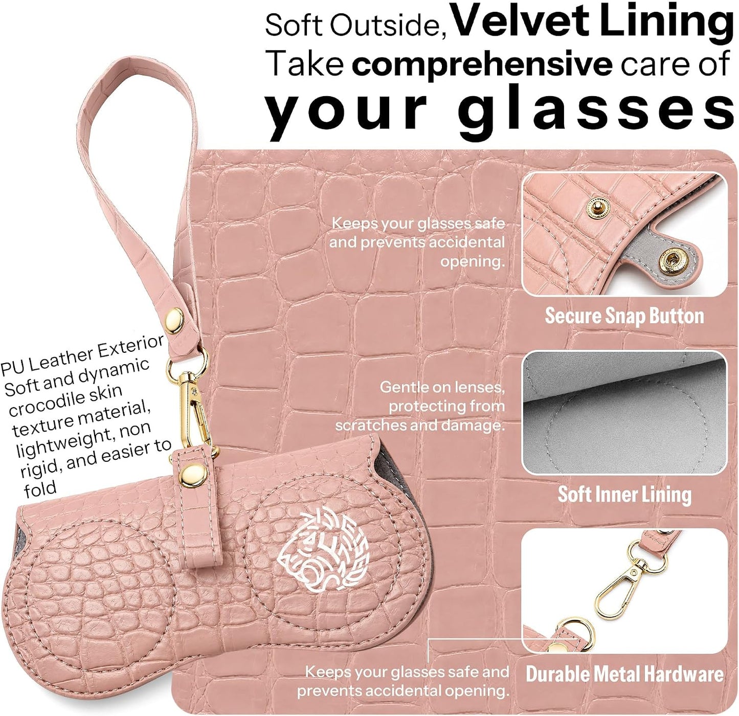 商品图片 16 | B0H4QTYMQP | FEISEDY Soft Crocodile Textured Leather Sunglass Bag, Portable Glasses Pouch With Button Clip Wrist Strap B0366