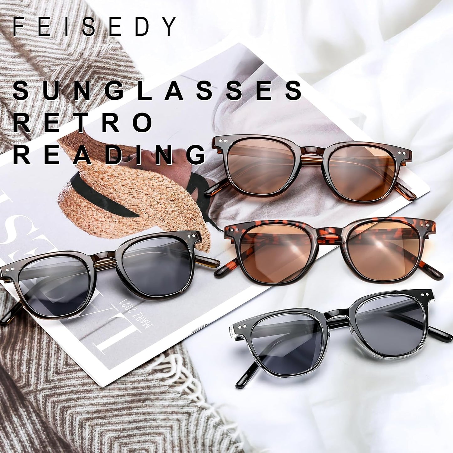 商品图片 20 | B0CSNK73XH | FEISEDY Round Reading Sunglasses for Men and Women Stylish Blue Light Blocking Readers B0113