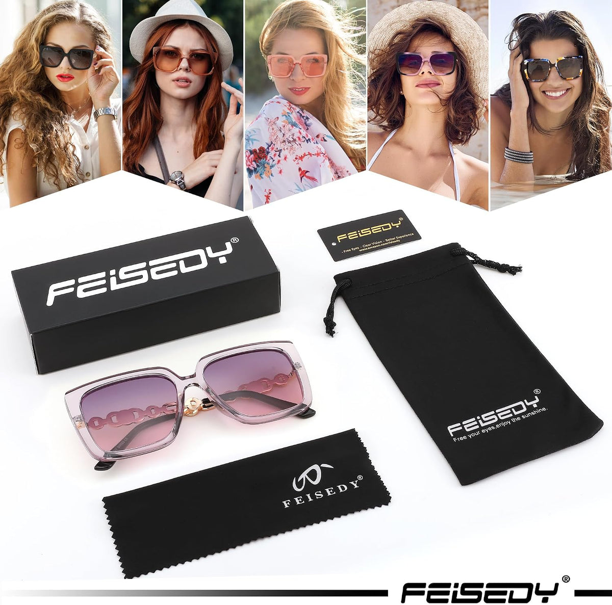 ÉÌƷͼƬ 34 | B08HVPGJW5 | FEISEDY Sunglasses Womens Trendy, Oversized Square Shades, Pearl Inlay Cat Eye Frame UV400 Protection B2625