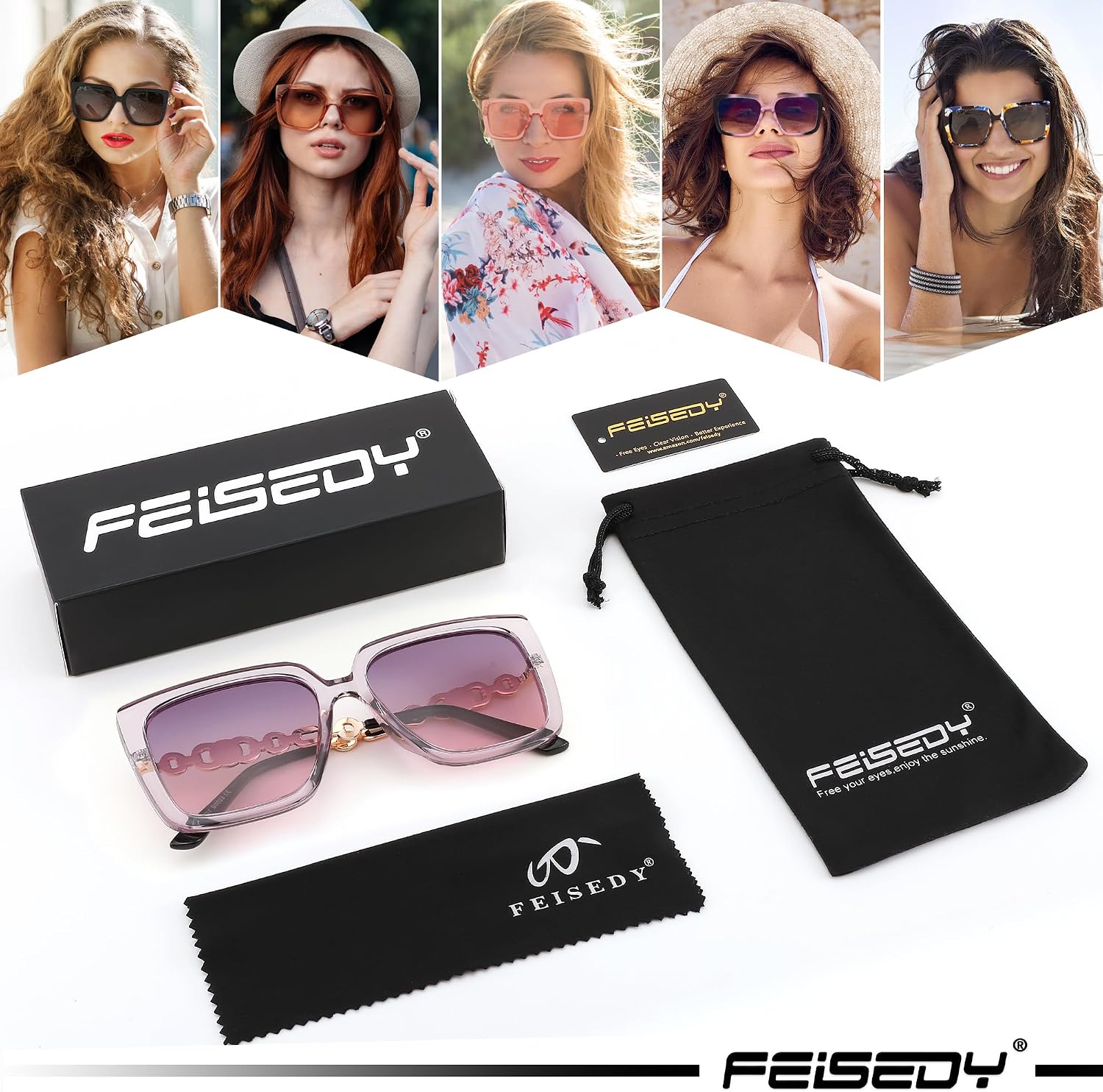 商品图片 34 | B08HVPGJW5 | FEISEDY Sunglasses Womens Trendy, Oversized Square Shades, Pearl Inlay Cat Eye Frame UV400 Protection B2625
