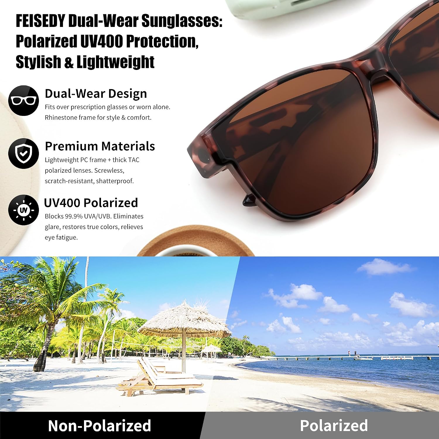 商品图片 35 | B0GQH1CMTJ | FEISEDY Fit Over Glasses Polarized Sunglasses Oversized Square UV400 B0250