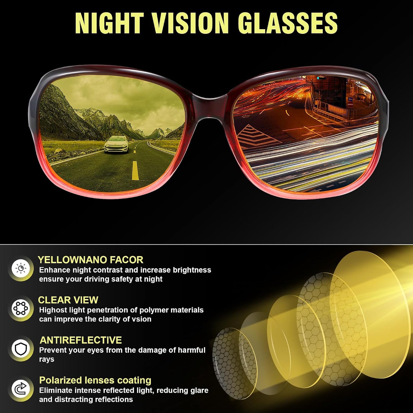 商品图片 80 | B081YY5RM3 | FEISEDY Classic Womens Night Glasses Driving Anti Glare Wrap Around Yellow Sunglasses B2548