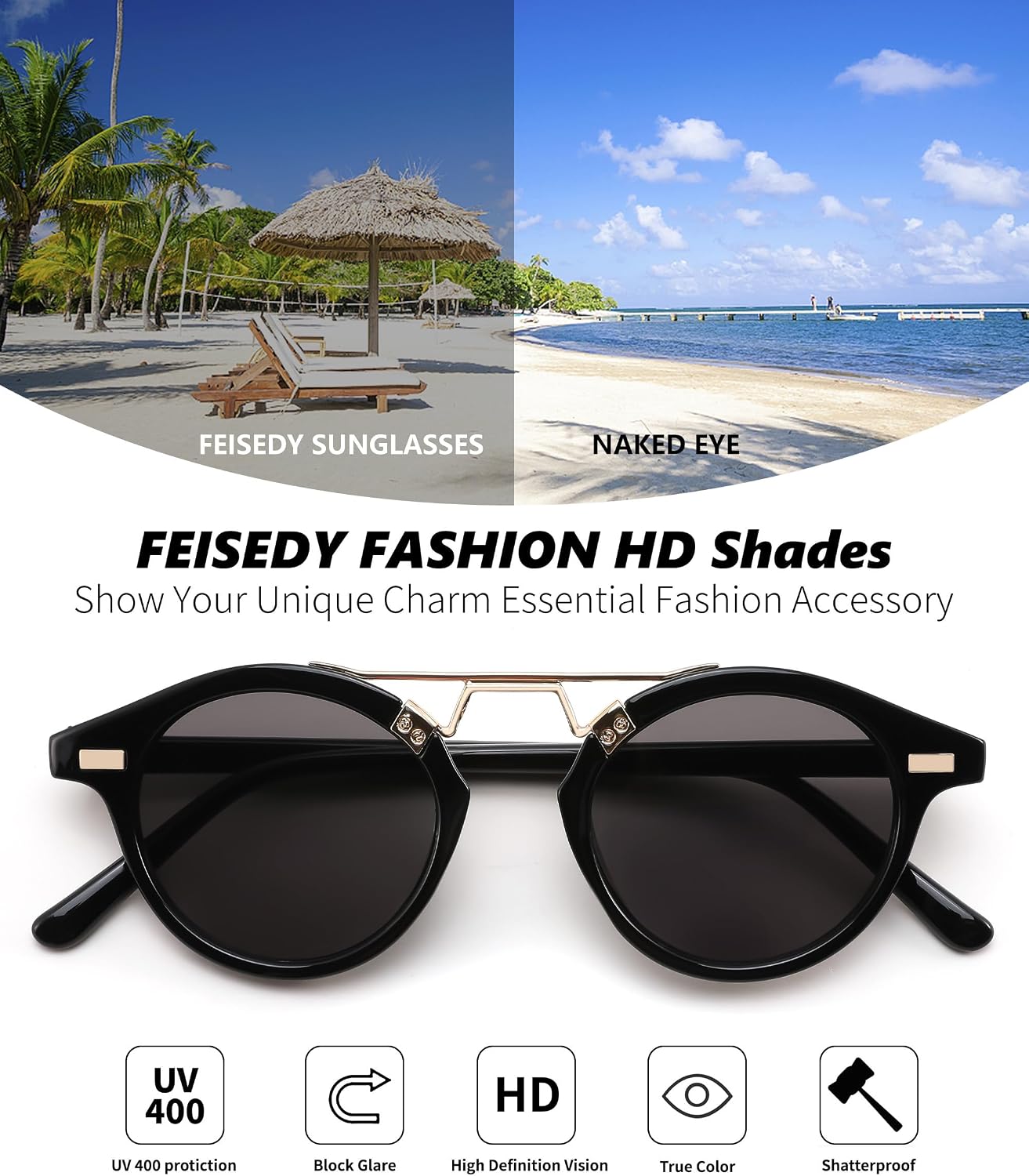 商品图片 23 | B0GX62YR7C | FEISEDY Retro Round Metal Brow Sunglasses for Women for Small Face B0427