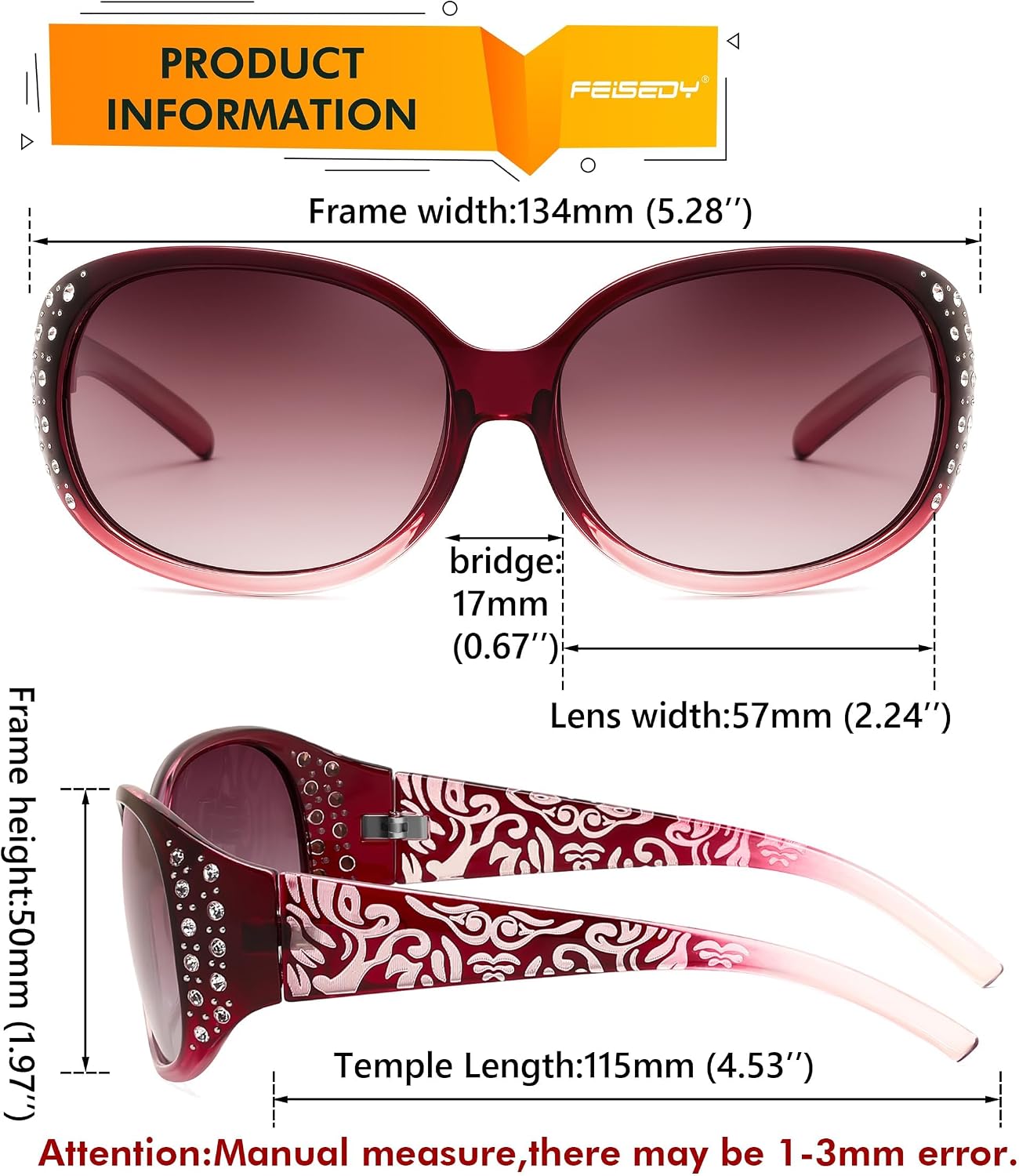 商品图片 47 | B0FZT6D16L | FEISEDY Women's Polarized Sunglasses Wrap Around Rhinestone Design Fashion Sunnies UV400 Protection B1091