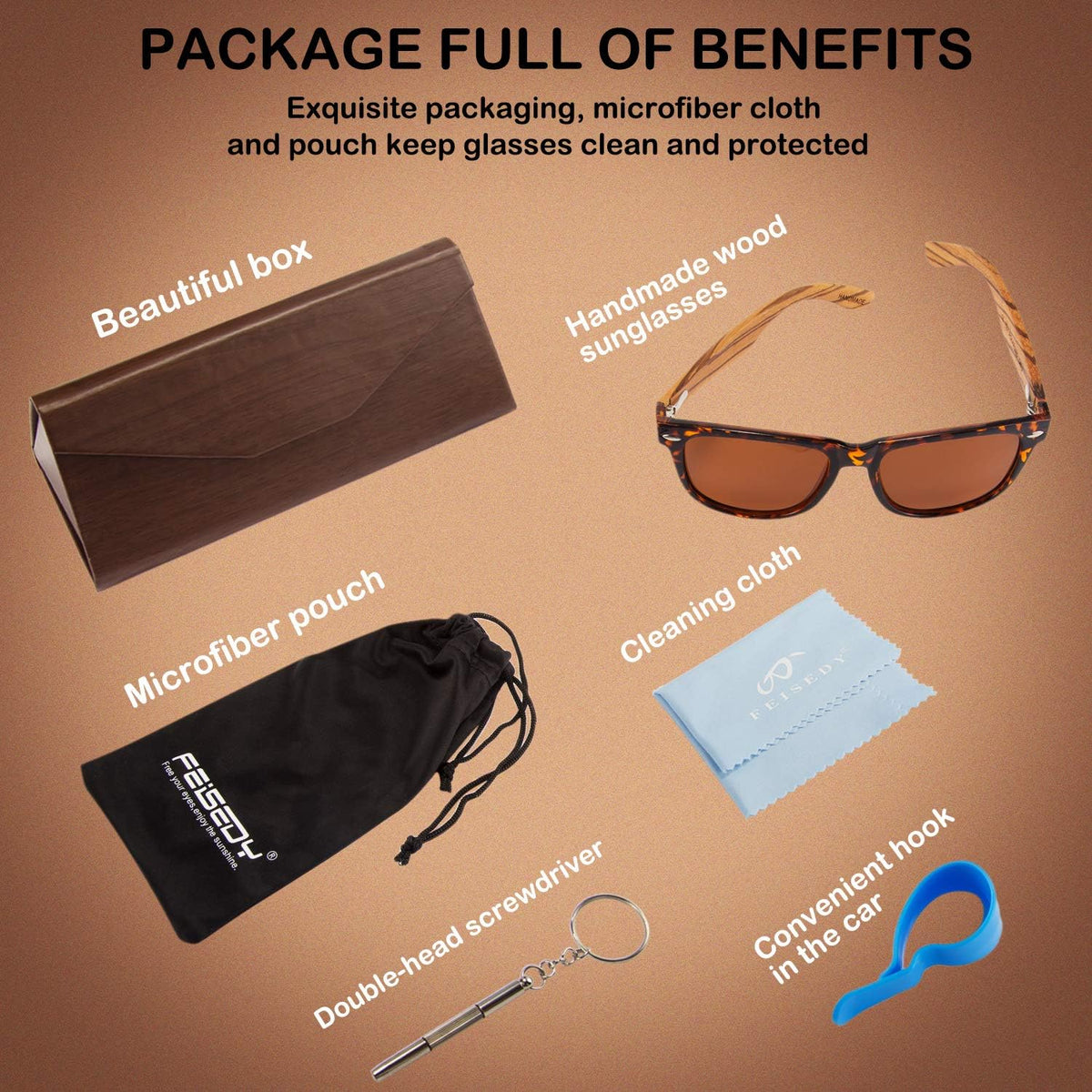商品图片 21 | B07J2YHS4L | FEISEDY Polarized Wood Sunglasses Women Men HD UV400 Driving Fishing Golf Sunglasses B2448