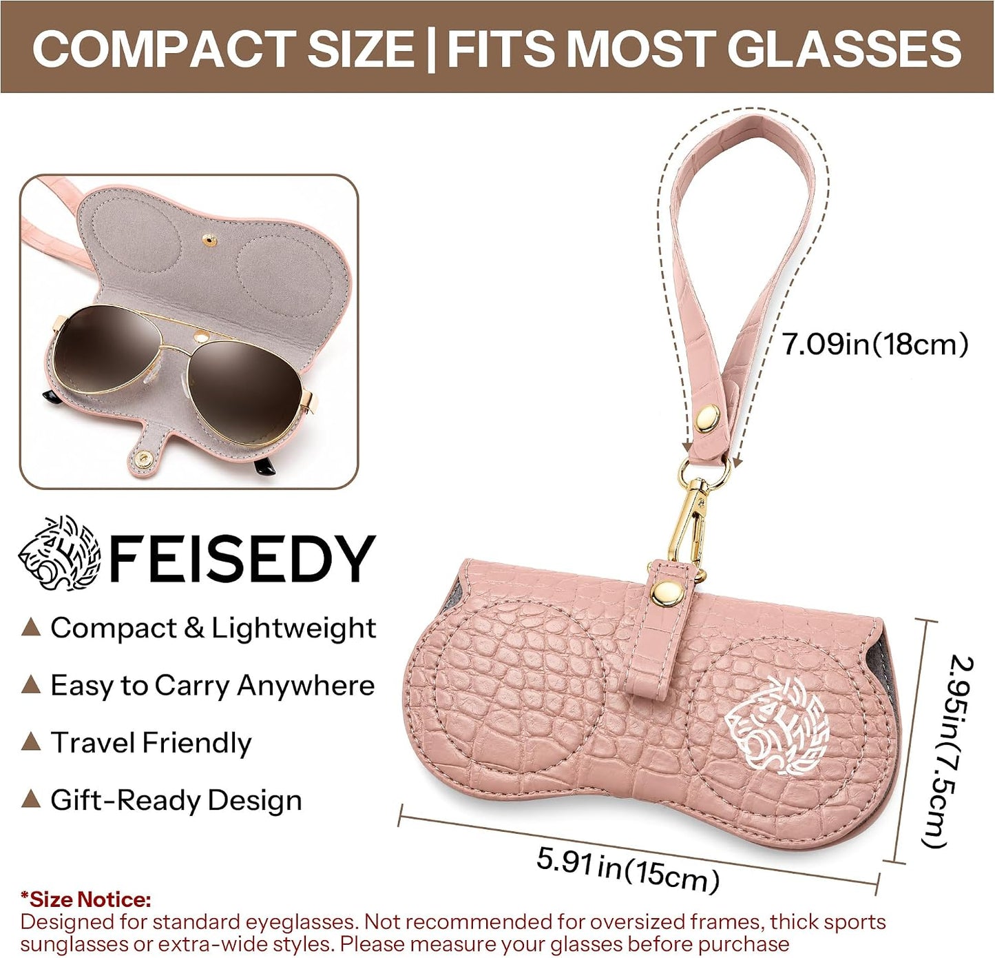 商品图片 17 | B0H4QTYMQP | FEISEDY Soft Crocodile Textured Leather Sunglass Bag, Portable Glasses Pouch With Button Clip Wrist Strap B0366