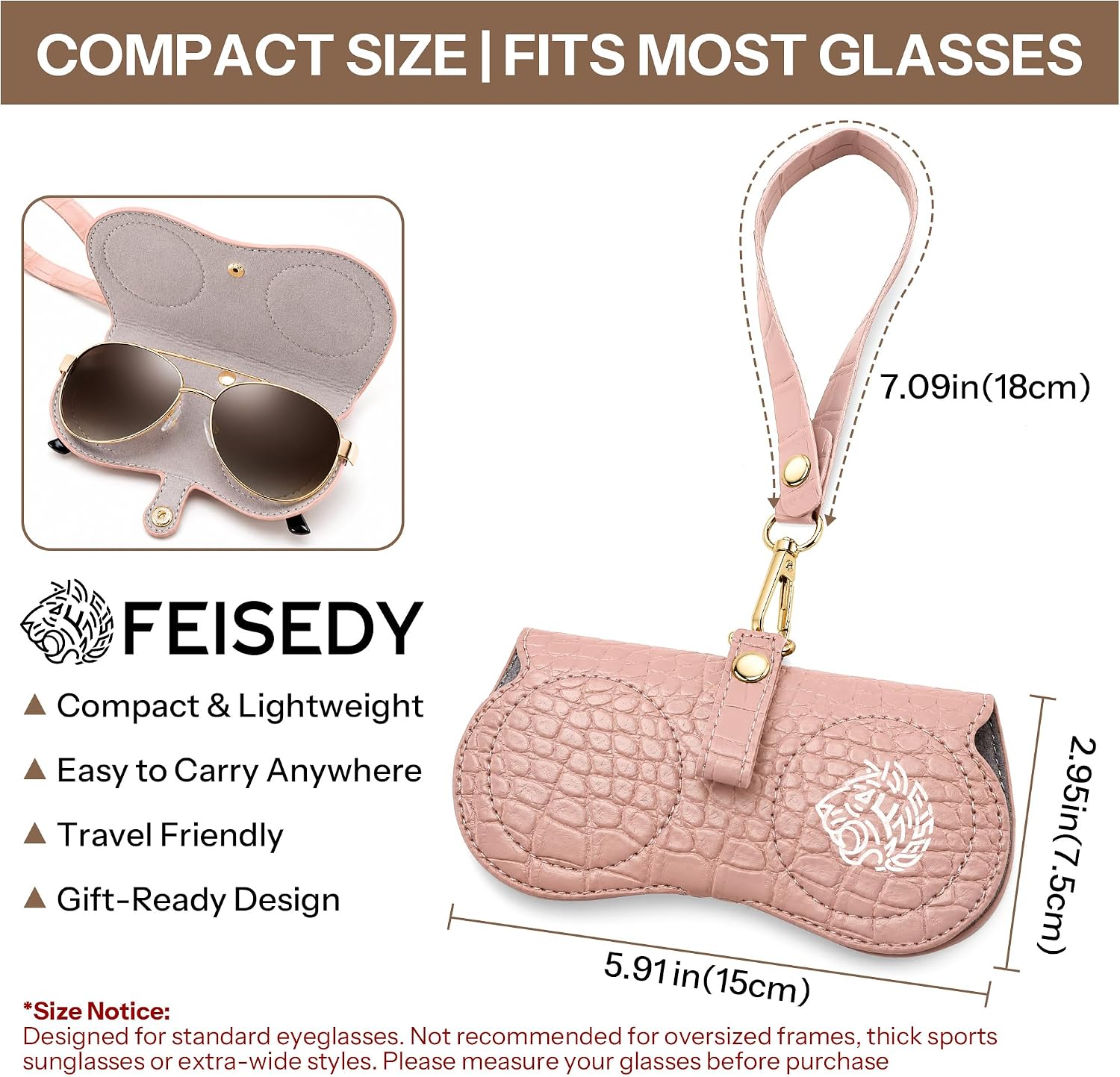商品图片 17 | B0H4QTYMQP | FEISEDY Soft Crocodile Textured Leather Sunglass Bag, Portable Glasses Pouch With Button Clip Wrist Strap B0366