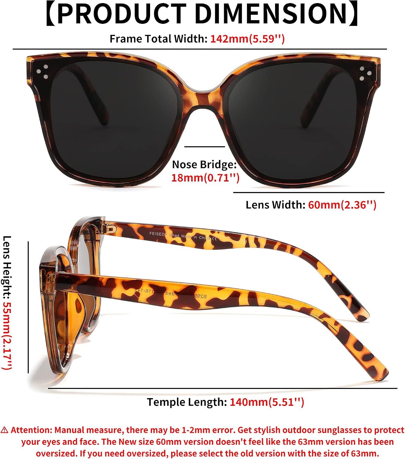 商品图片 61 | B0871BKMTN | FEISEDY Oversized Polarized Sunglasses - UV400 Protection, Square Fashion Sun Glasses for Outdoor & Daily B2600