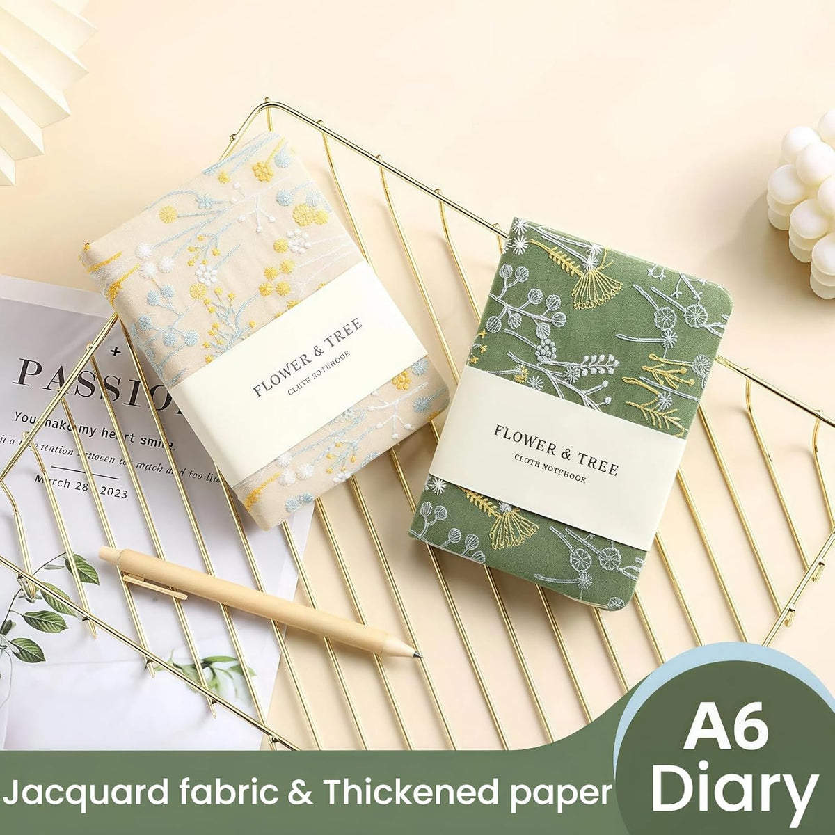 商品图片 2 | B0H2VHBC8C | A6 Embroidered Fabric Pocket Notebook, Lay Flat Hardcover Lined Journal, Cute Floral Small Journal for Women Men Writing
