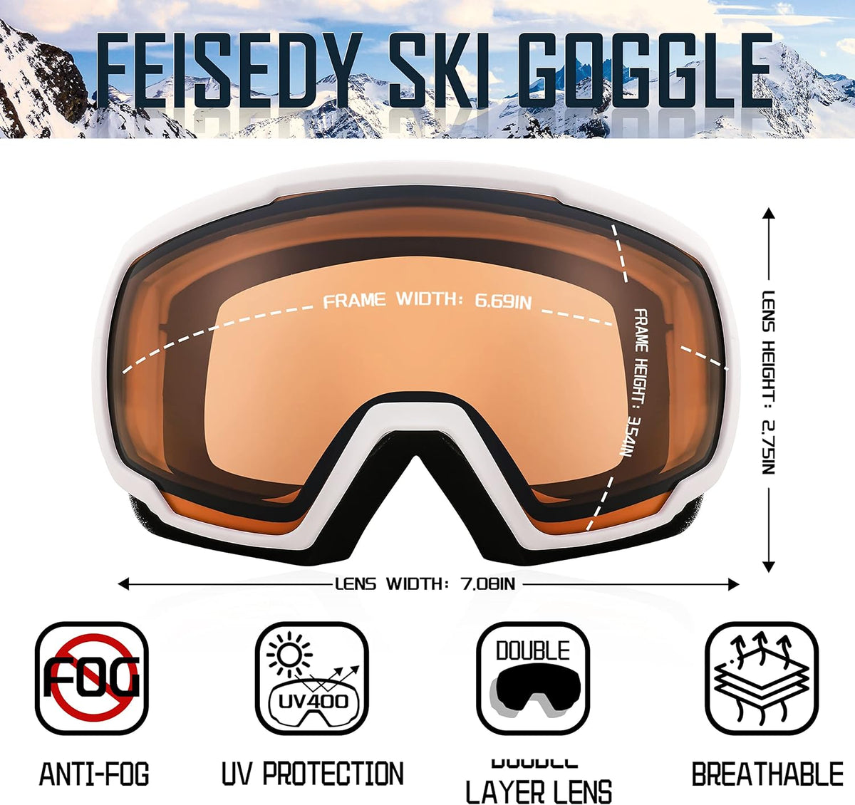 商品图片 40 | B0GHRB6WCQ | FEISEDY Ski Goggles, OTG Snow Sport Goggles for Adult Youth, Anti-Fog UV400 Protection Bendable Dual-Lenses B2961