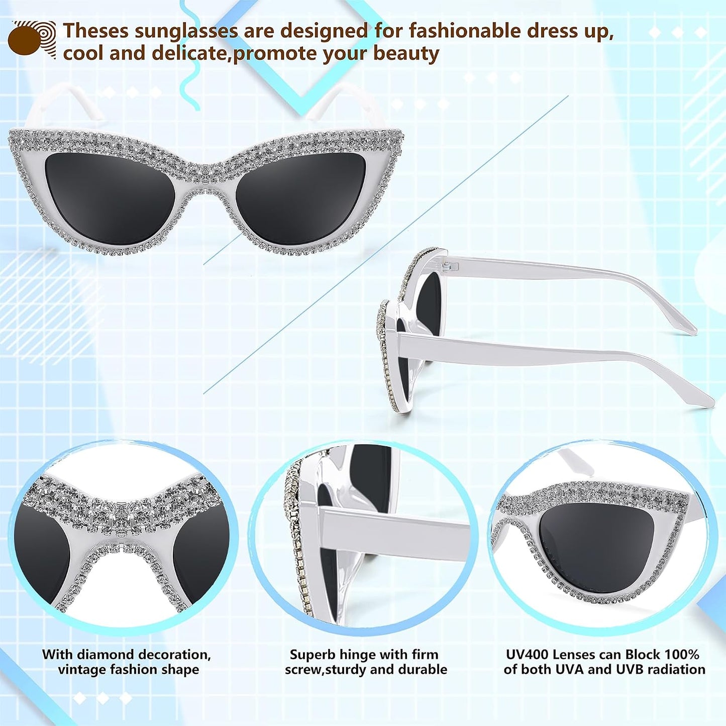 商品图片 41 | B0BZ7YMM4F | FEISEDY Oversized Women Cat Eye Rhinestone Sunglasses Costume Party B2360