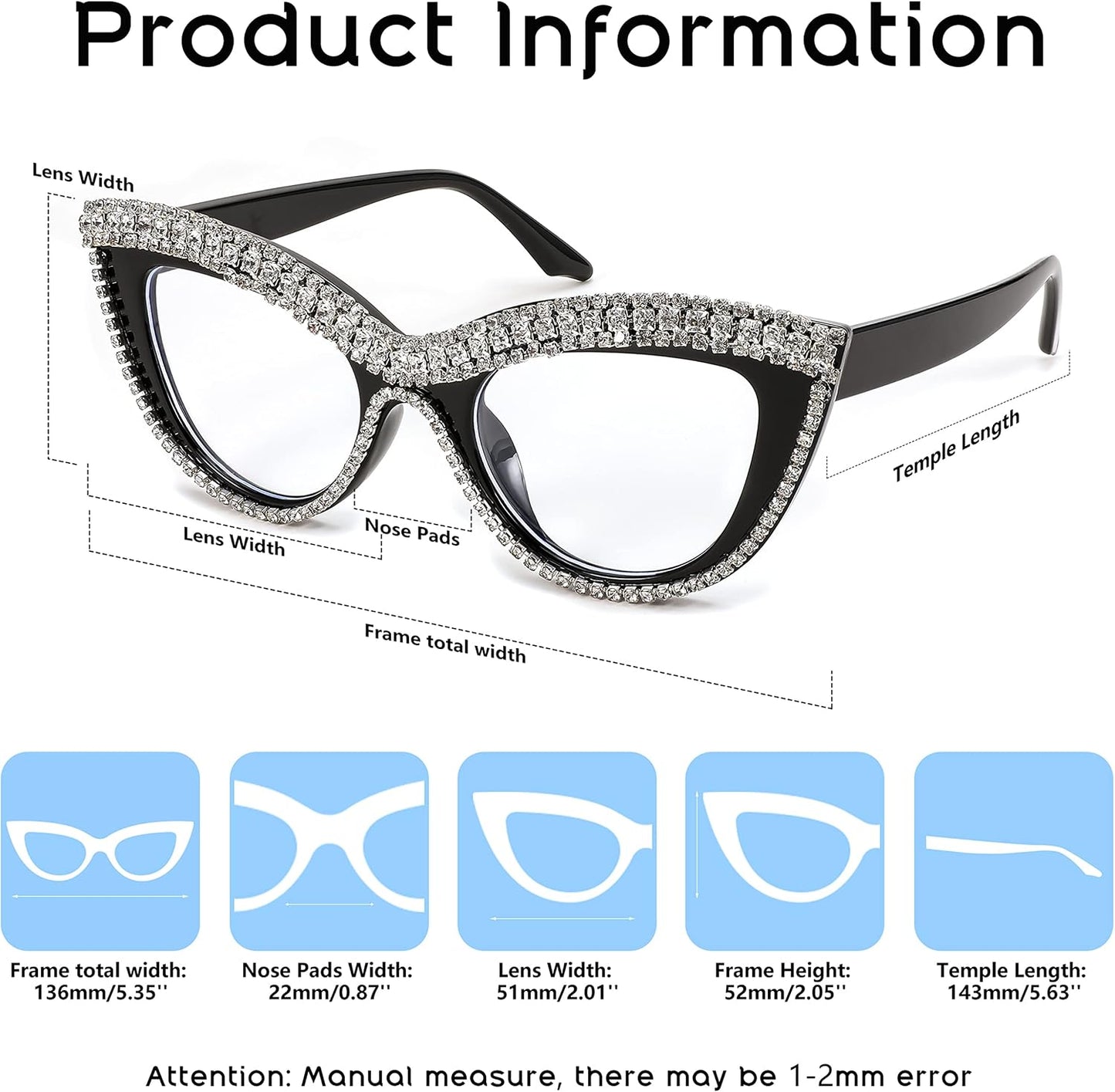 商品图片 19 | B0BLH5NHK8 | FEISEDY Diamond Blue Light Blocking Glasses Cat Eye Rhinestone Women Oversized Anti Eyestrain Computer Glasses Frame B2358