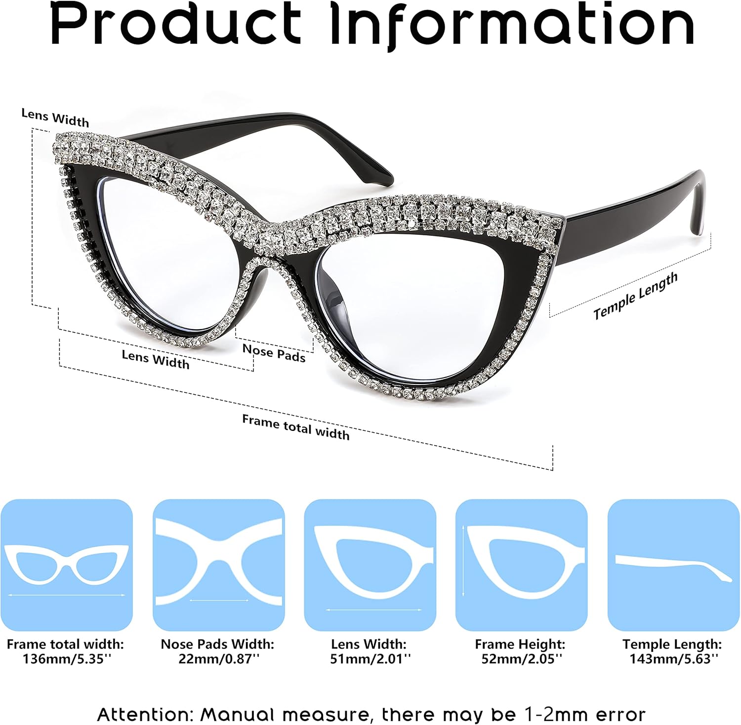 商品图片 19 | B0BLH5NHK8 | FEISEDY Diamond Blue Light Blocking Glasses Cat Eye Rhinestone Women Oversized Anti Eyestrain Computer Glasses Frame B2358