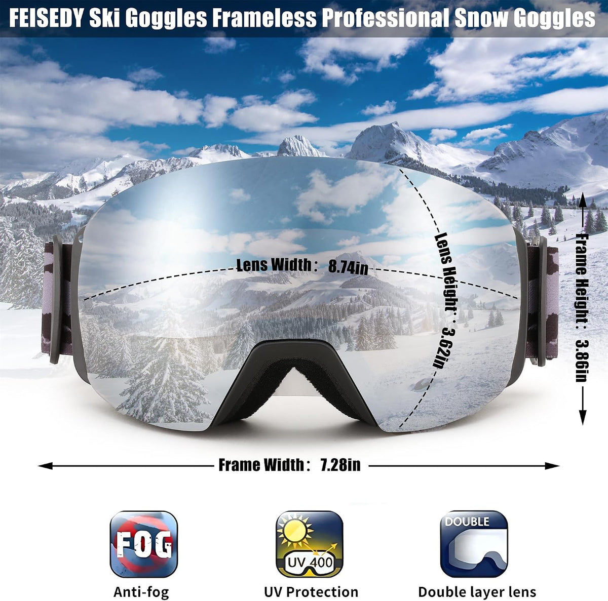 商品图片 20 | B0CD3JFB1C | FEISEDY Magnetic Ski Goggles for Men Women Youth Frameless Snow Goggles 100% UV Protection Snowboard Goggles B0020