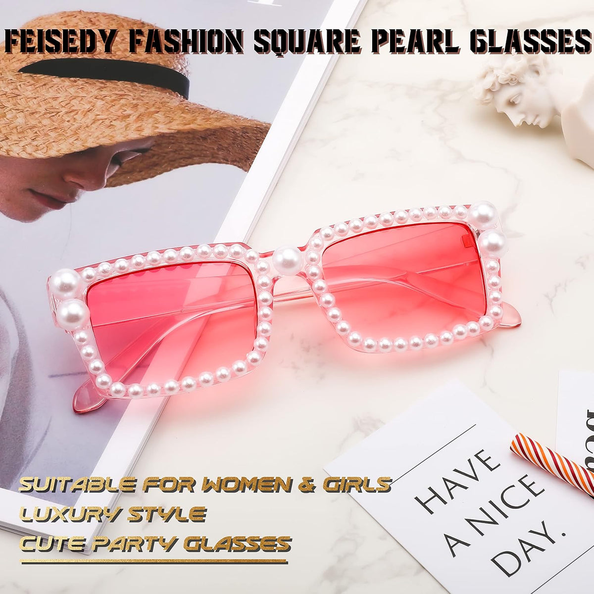 ÉÌƷͼƬ 4 | B0B9J7C26Y | FEISEDY Fashion Pearl Sunglasses for Women Cute Square Sunglasses Candy Colors Party Sun Glasses B2327