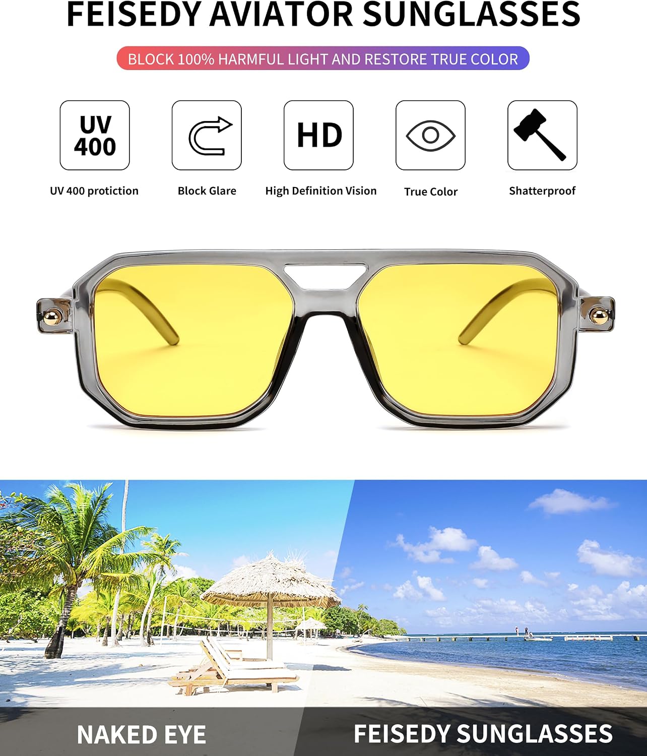 商品图片 113 | B09YTJ4FQZ | FEISEDY Vintage Square 70s Flat Aviator Sunglasses Women Men Classic Retro Stylish Frame UV400 Sunglasses B2622
