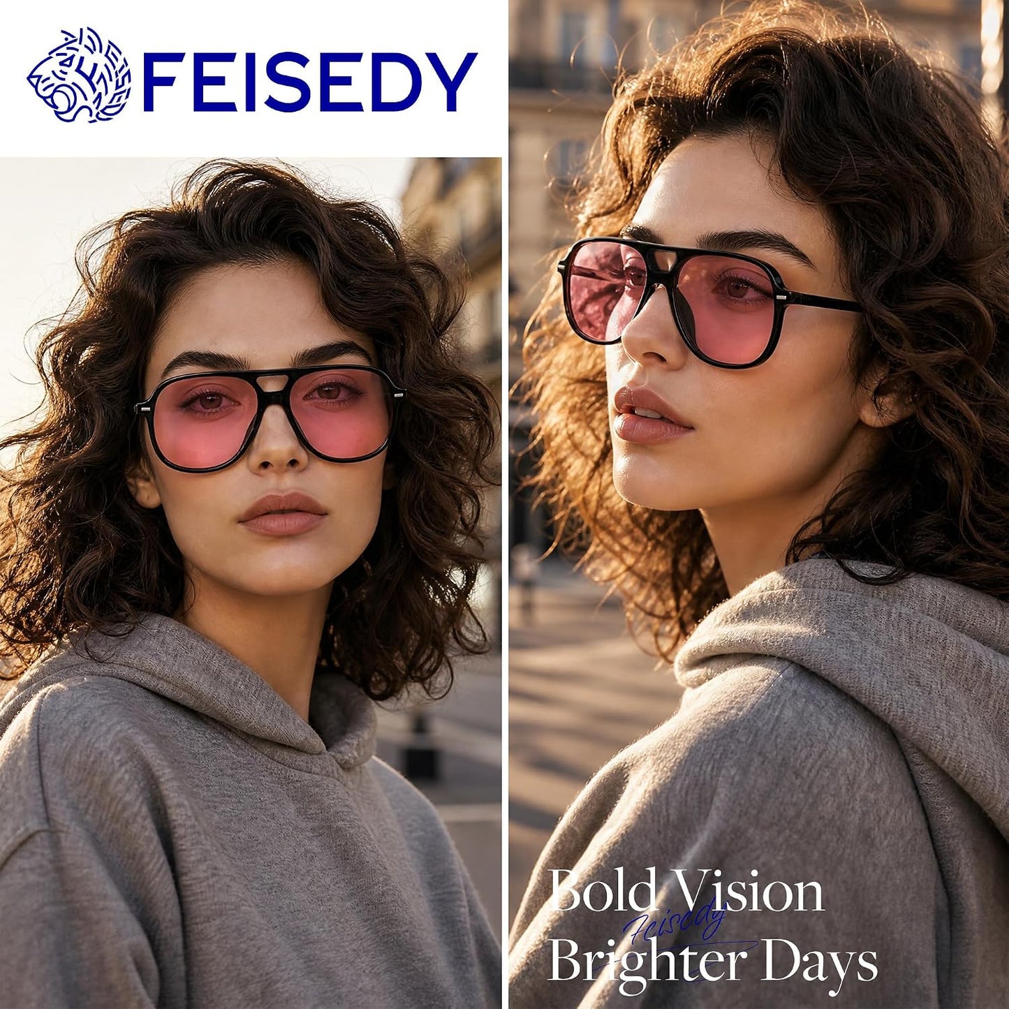 商品图片 39 | B0H1WCGC42 | FEISEDY Retro Square Aviator Sunglasses Women Men Double Bridge B0443