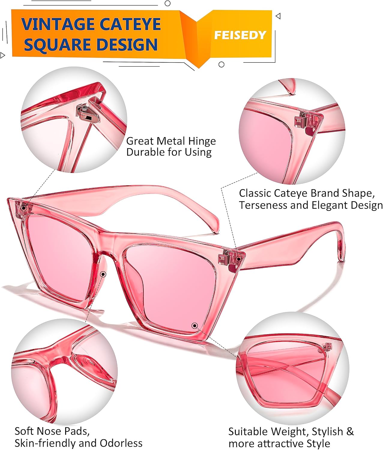 商品图片 122 | B0C5378735 | FEISEDY Vintage Square Cat Eye Sunglasses Women Trendy Cateye Sunglasses B2473