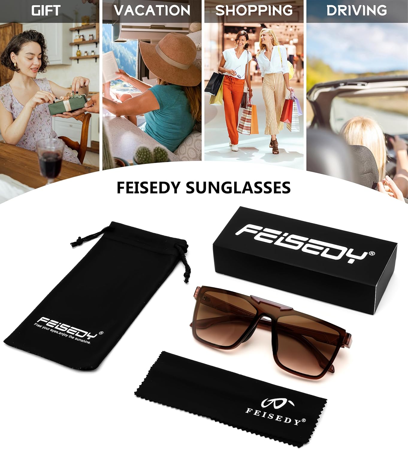商品图片 6 | B0D9H98G6Y | FEISEDY Fashion Sunglasses Womens Men Flat Top Square Trendy Visor Shades UV400 B0211