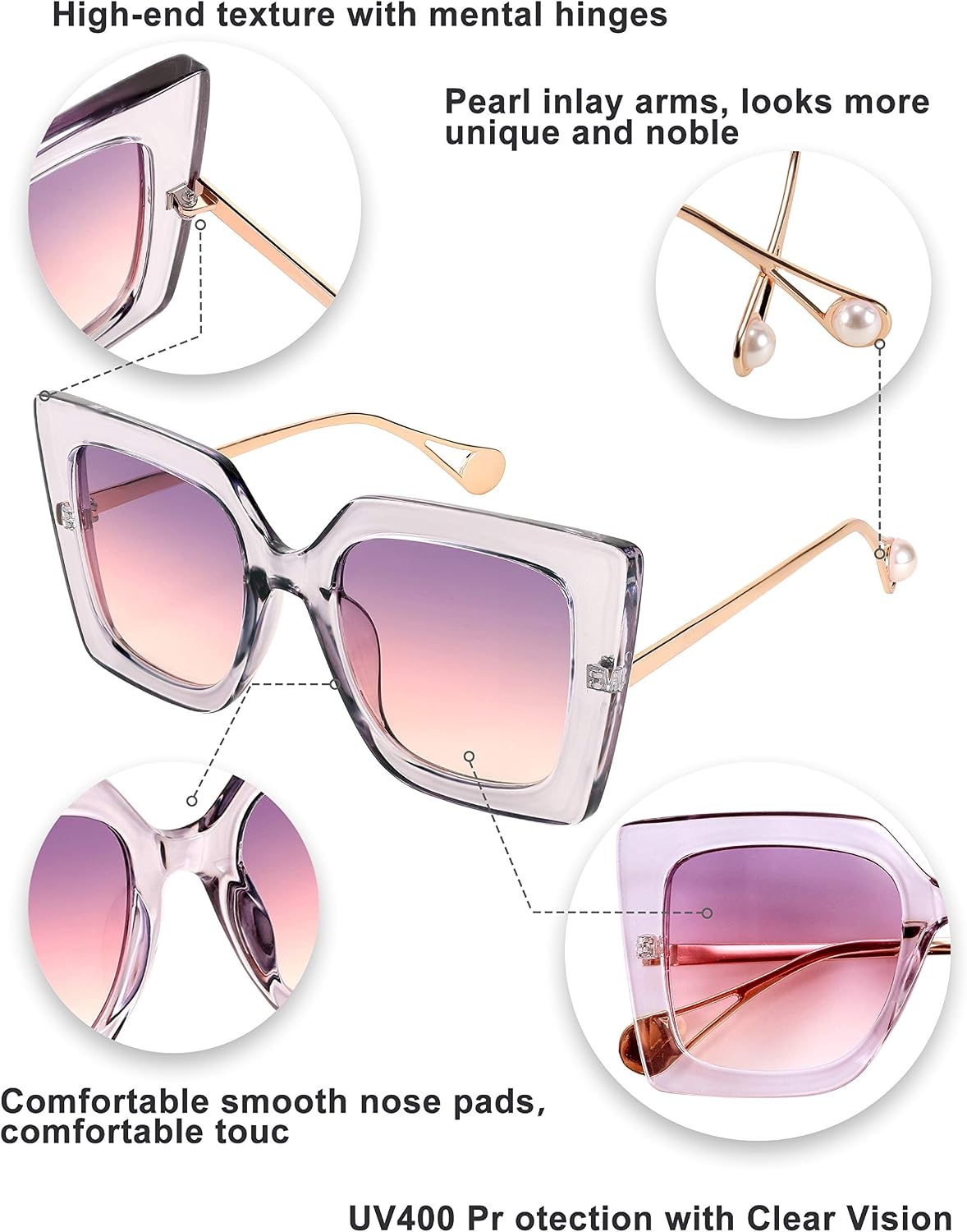 商品图片 89 | B08HVPGJW5 | FEISEDY Sunglasses Womens Trendy, Oversized Square Shades, Pearl Inlay Cat Eye Frame UV400 Protection B2625