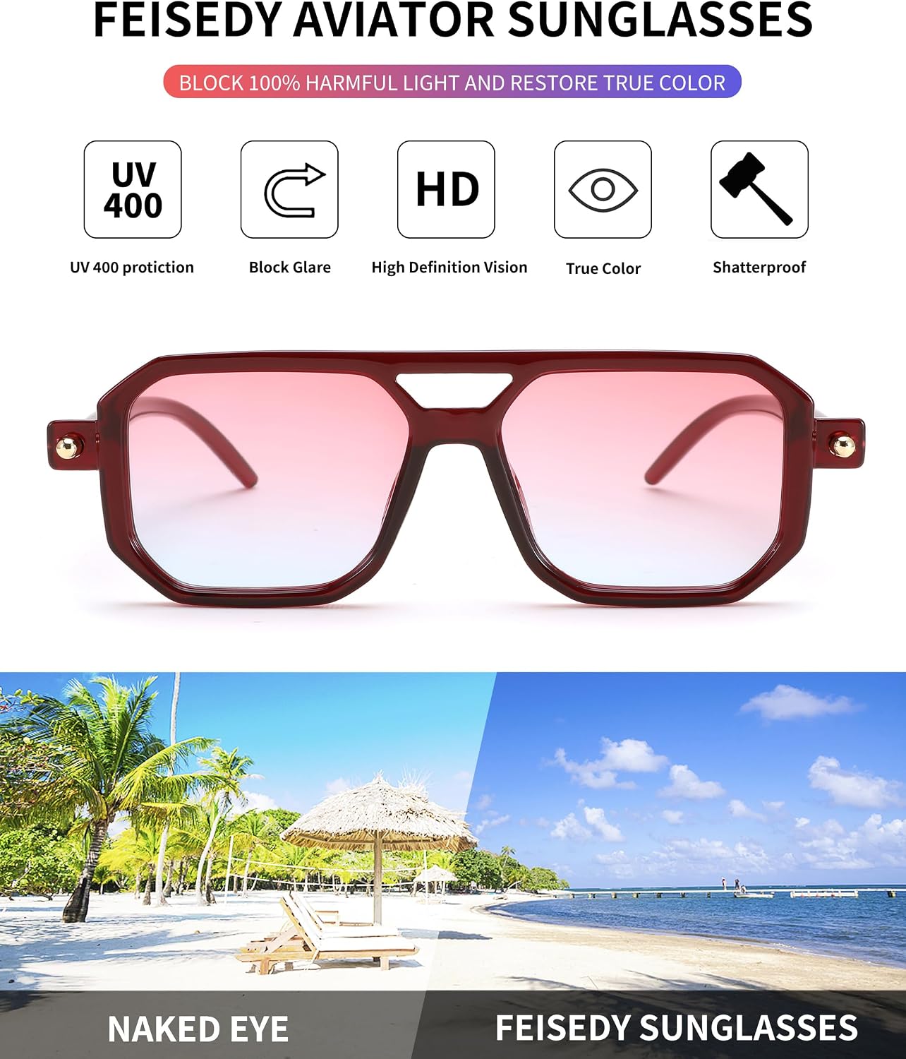 商品图片 143 | B09YTJ4FQZ | FEISEDY Vintage Square 70s Flat Aviator Sunglasses Women Men Classic Retro Stylish Frame UV400 Sunglasses B2622