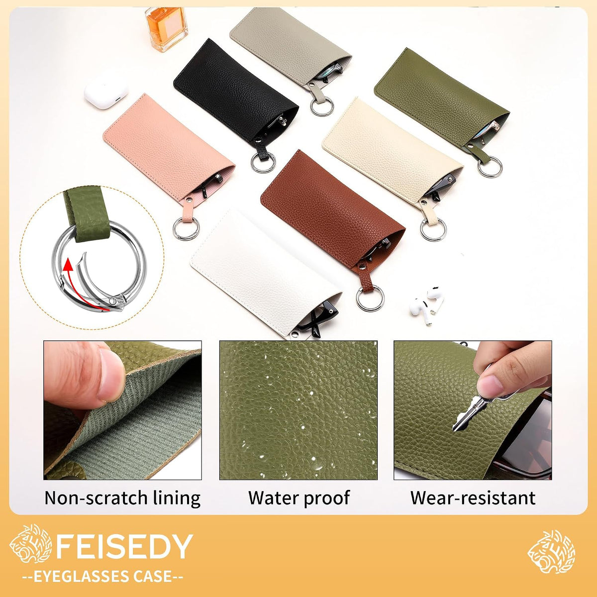 ÉÌƷͼƬ 18 | B0FKBLV8J9 | FEISEDY 2Pack Portable Glasses Case with Clip Hook, Soft Leather Eyeglass case Bag, Slim Sunglasses Pouch B0313