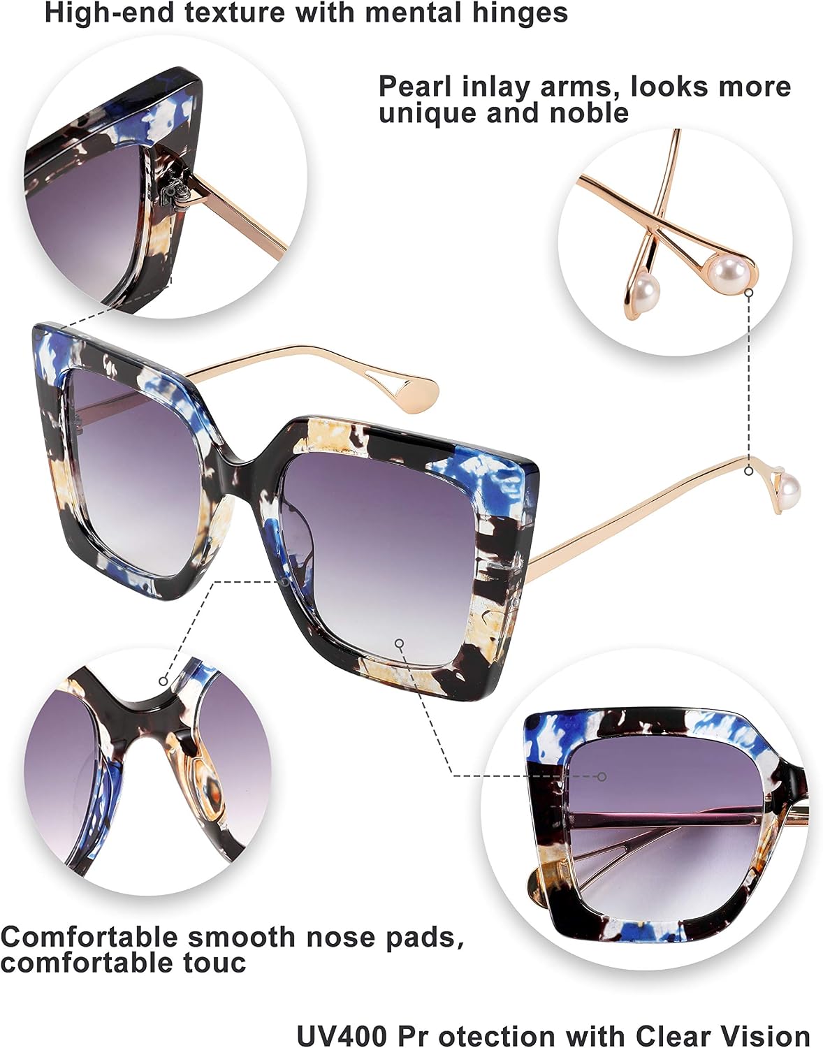 商品图片 104 | B08HVPGJW5 | FEISEDY Sunglasses Womens Trendy, Oversized Square Shades, Pearl Inlay Cat Eye Frame UV400 Protection B2625