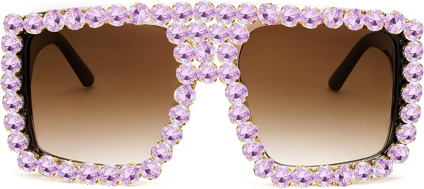 004 Transparent Pink Red Frame/Purple Diamond Tea Pink Lens / 60 Millimeters | B09YHG99L4 | FEISEDY Square Diamond Sunglasses for Women Retro Fashion Shiny Rhinestone Sun Glasses B2916
