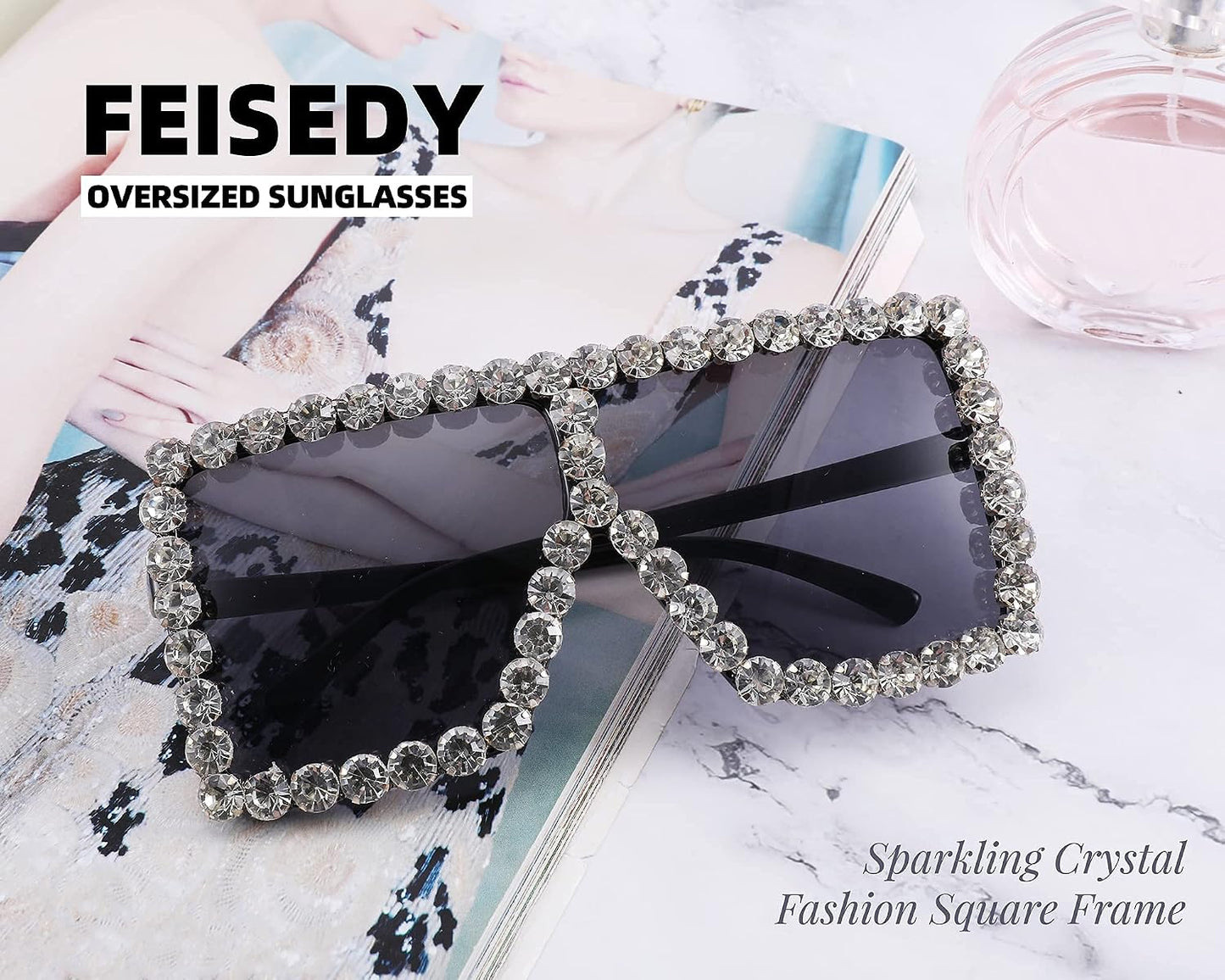商品图片 13 | B096YZPRF2 | FEISEDY Oversized Sparkling Crystal Sunglasses Disco Diamond Flat Top Fashion Square Large Shades B2782