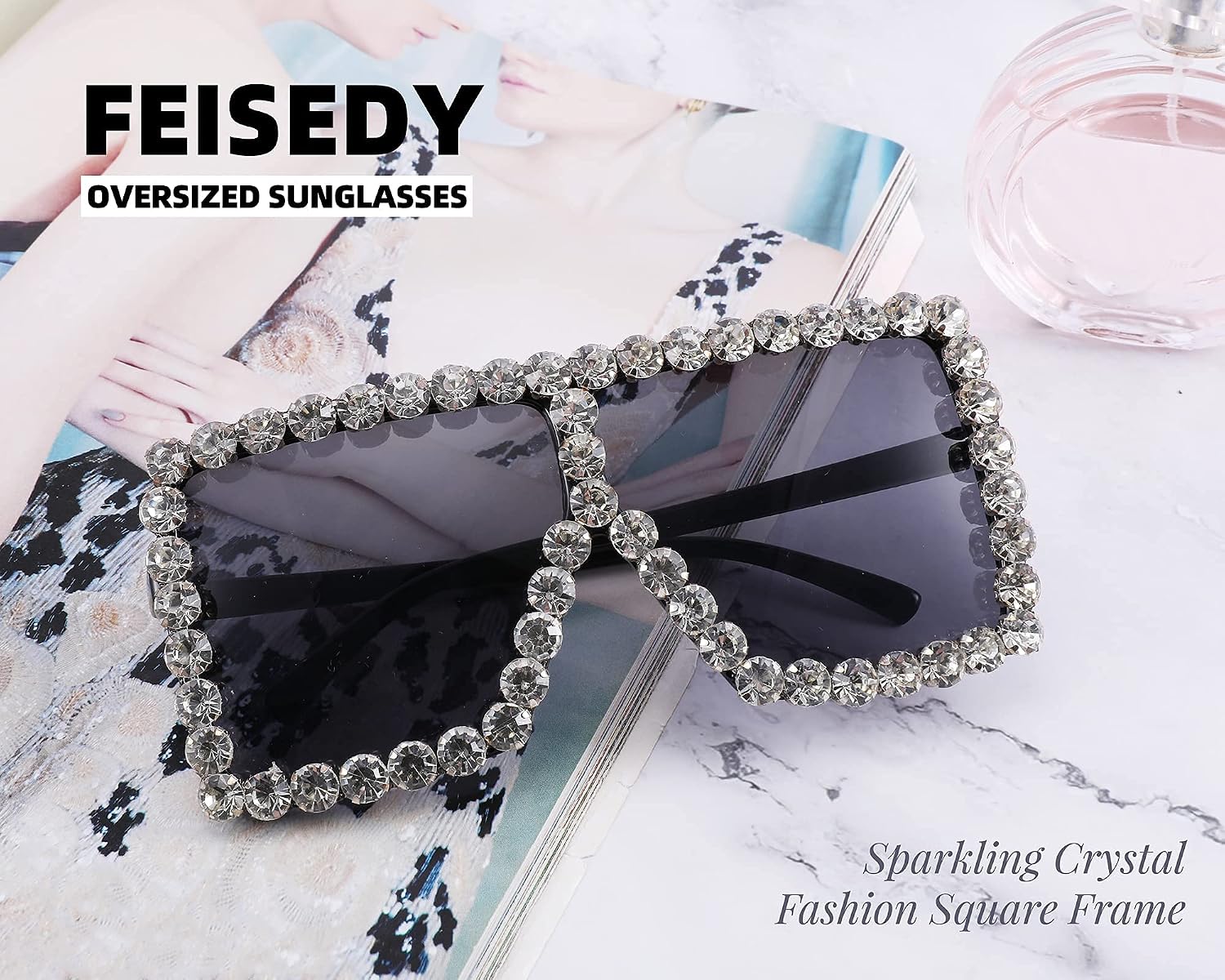 商品图片 13 | B096YZPRF2 | FEISEDY Oversized Sparkling Crystal Sunglasses Disco Diamond Flat Top Fashion Square Large Shades B2782