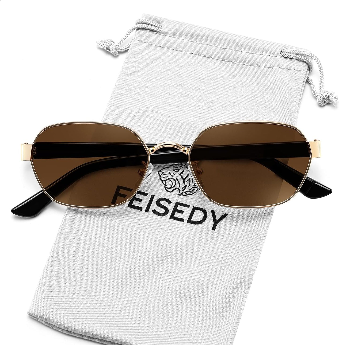 Gold Frame + Tea Lens / 54 Millimeters | B0GY4FZHF4 | FEISEDY Women and Men UV400 Protection Sunglasses, Polygon Square Metal Frame Retro Stylish Shades B0452