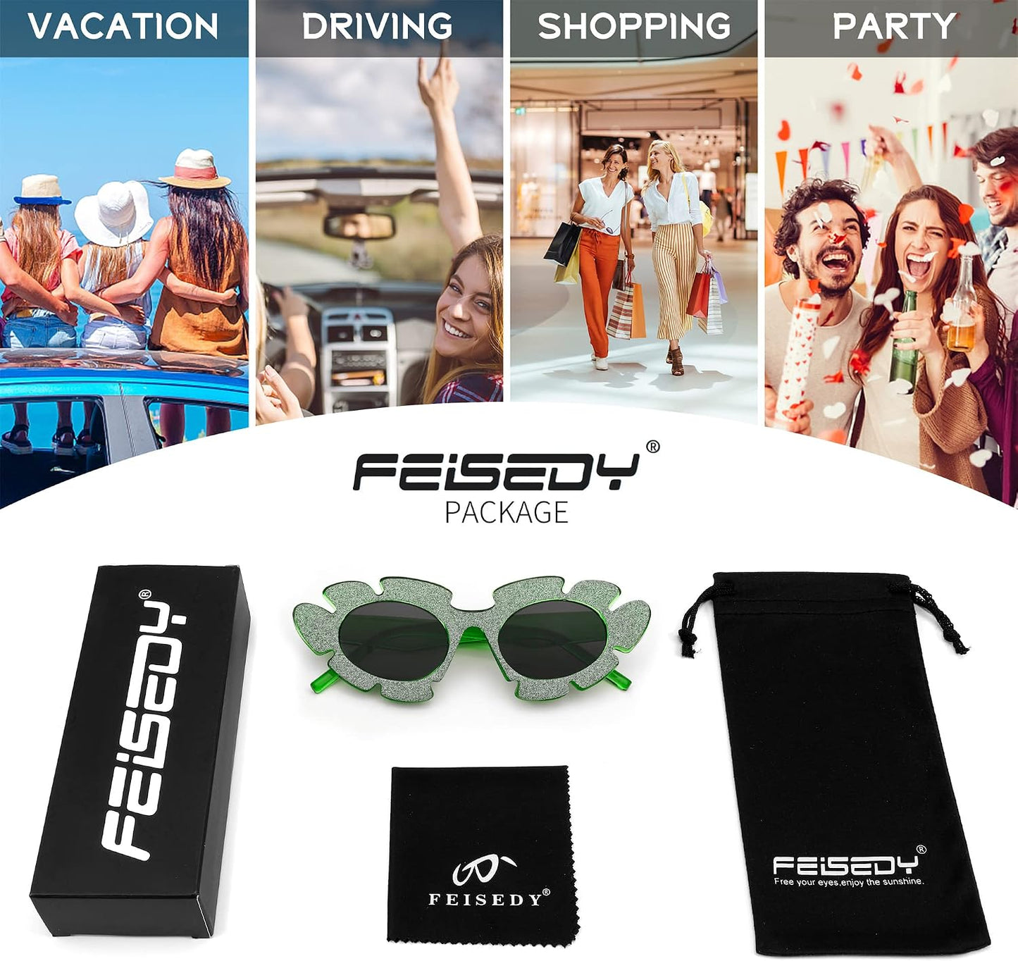 商品图片 6 | B0BRCJF4HH | FEISEDY Trendy Cat Eye Sunglasses Flower-shaped Frames Retro Diamond Cateye Eyewear for Women Men Oversized Sunglasses B2370