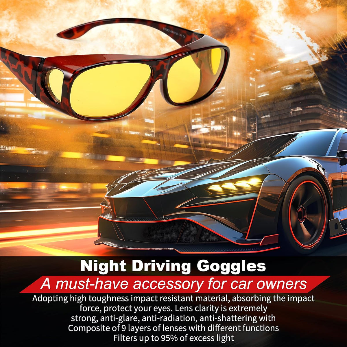 ÉÌƷͼƬ 7 | B0D9JP97HF | FEISEDY Night Driving Glasses,Men Women Fit Over Sunglasses, Anti Glare Polarized HD Night Vision Glasses Yellow Lens B0221